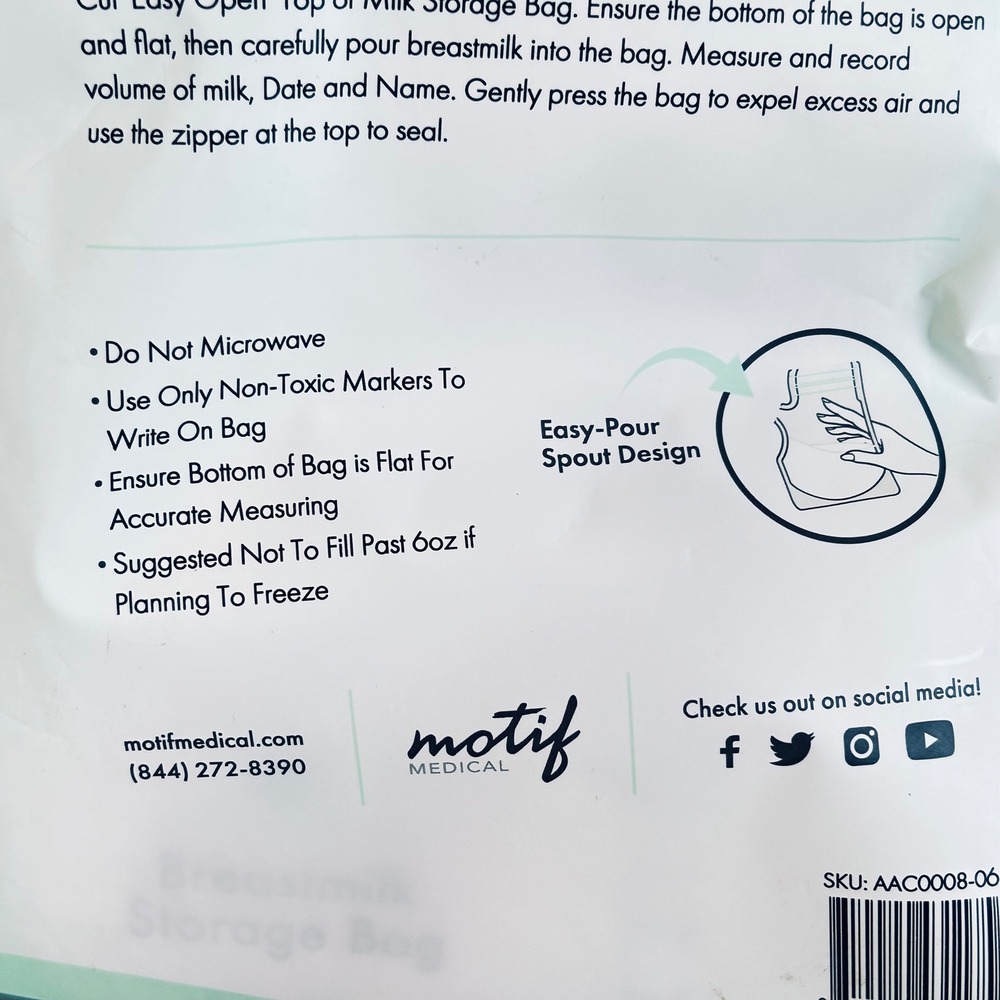 Motif Medical Breastmilk Storage Bags 100 Count 8 oz BPA-Free Leak-Proof 2 packs - Picture 8 of 8